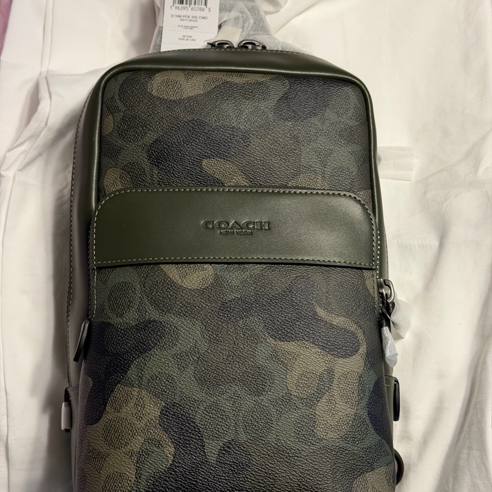 Coach Men's Camouflage Leather Sling Bag in Olive/Black